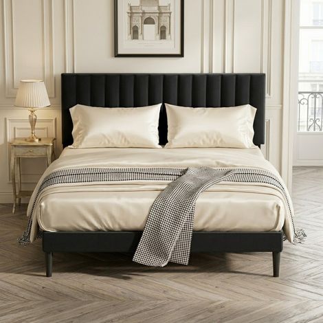 Lit Double 140x200cm Rembourré Velours Noir - Tête de Lit Rembourrée Réglable - Rangement 17cm - 12 Lattes Bois Massif - Lit 2 Places (1/5)