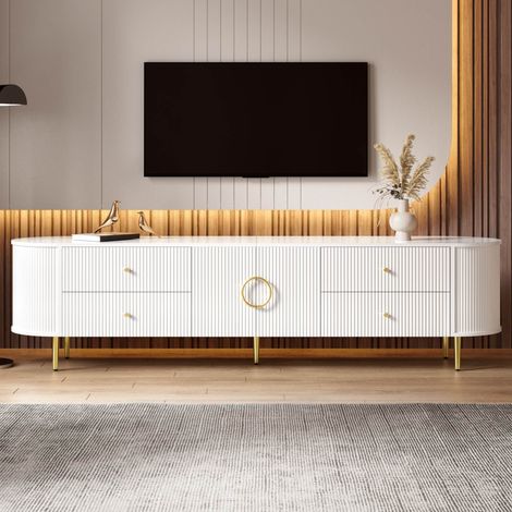 Meuble TV blanc moderne 180 x 40 x 38 cm avec gestion des câbles Meuble de salon bords arrondis pieds en Métal Structure en MDF (1/5)