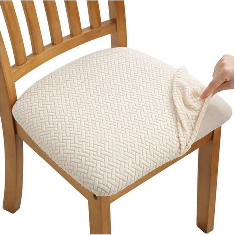 4 Pcs Housse de Chaise Extensible en Jacquard Housse Assise Chaise pour Salle à Manger (Beige) (1/4)