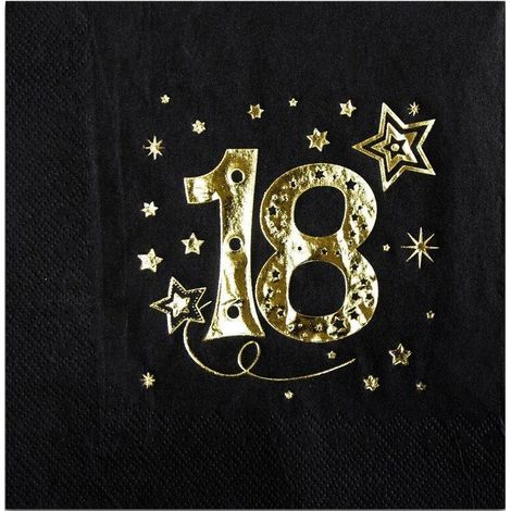 Tovaglioli per il 18° compleanno, neri e oro, 33x33 cm, 20 pezzi.