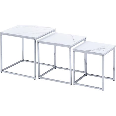 Nested Tables Set of 3, 3pcs Square Side Table End Table for Living Room, High Gloss Nesting Coffee Table (White Marble Texture) (1/5)