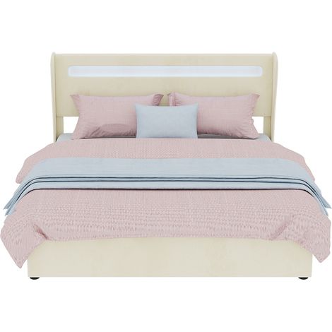 Lit capitonné moderne LED 160x200 cm beige avec sommier coffre haut, vérin gaz & matelas inclus – lit chambre multifonctionnel