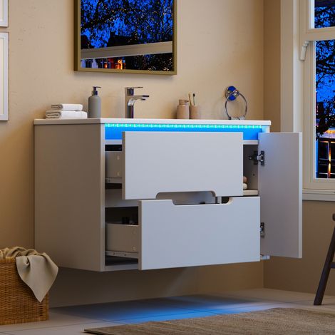 Mobile lavabo sospeso 81 cm con lavabo in ceramica, LED e contenitori, bianco REDOM (1/5)