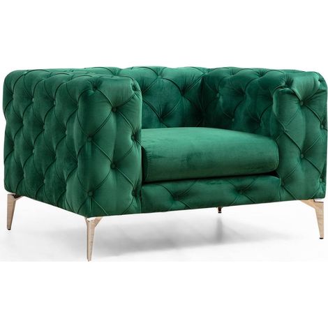 Fauteuil capitonné velours vert et pieds chromés Herakles 108cm (1/4)