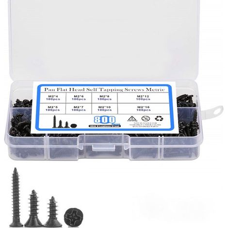 Caja surtida - Pernos - Combinación de 800 pernos de cabeza rascadora de acero al carbono negro M2, pernos de rosca automática de cruz plana
