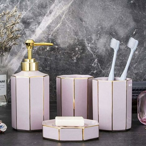 Lot de 4 accessoires de salle de bain en céramique rose avec distributeur de savon, 2 gobelets, porte-savon pour décoration de salle de bain, plan de travail (1/5)