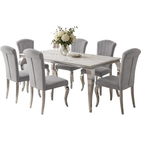 Ensemble Table à manger 150cm Marbré + 6 Chaises Velours Gris Pieds Chromés