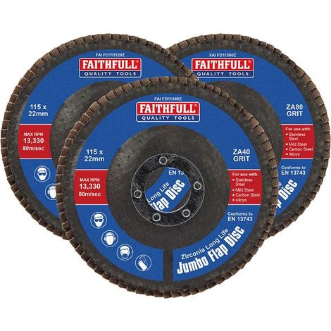 Faithfull Zirconia Jumbo Flap Disc 115mm Mixed Grits - 3 Pack (1/2)