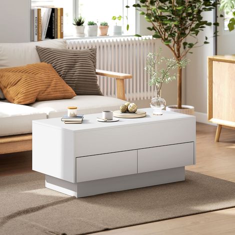 Mesa de centro elevable, mesa de salón con compartimento oculto y 2 cajones, 100 x 50 x 44 cm, blanca (1/5)