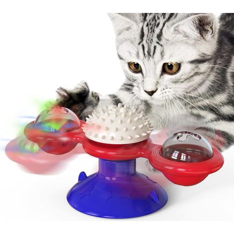 Interaktives Windmühlen-Katzenspielzeug mit LED-Lichtkugel, Katzenminze, Saugnapf und Bewegungsspielzeug für Katzen, erhältlich in Rot und Blau.