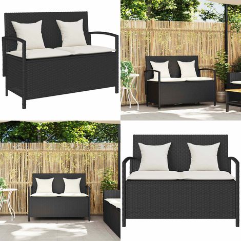 Panca Portaoggetti da Giardino con Cuscino in Polyrattan Nero - Cuscino da seduta - Contenitore portaoggetti