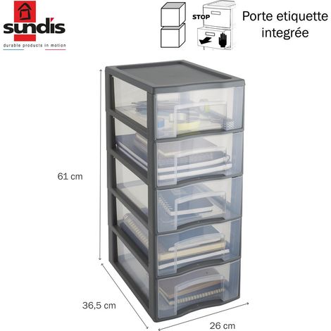 Torre portadocumenti in plastica formato A4 con 5 cassetti trasparenti - grigia SUNDIS (1/3)