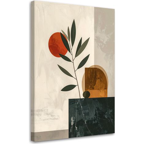 Quadro su tela, Una composizione minimalista con foglie e un sole arancione. - 80x120 (1/2)