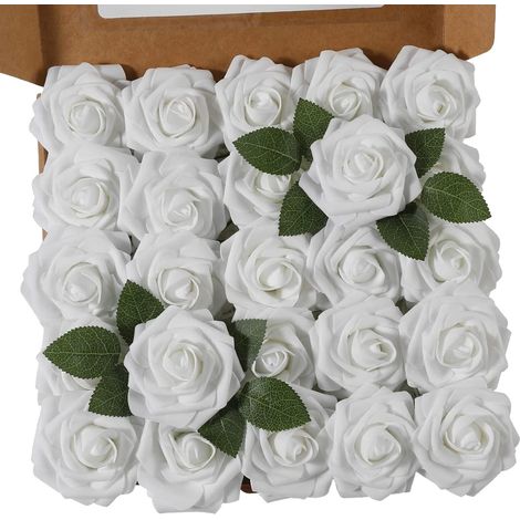 25 pièces de roses artificielles réalistes avec tige, adaptées aux bouquets de mariée, aux décorations de table, aux fêtes de mariage et à la décoration de la maison (blanc, lot de 25 pièces)