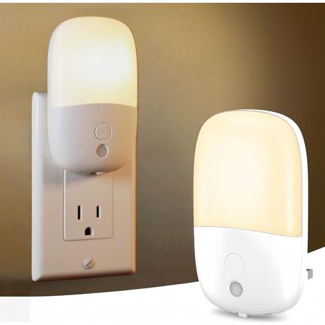Set of 2 Plug-in LED Night Lights – Adjustable Brightness with On/Off Switch, Automatic Dusk Sensor, Warm White Light for Bathroom and Hallway (1/5)
