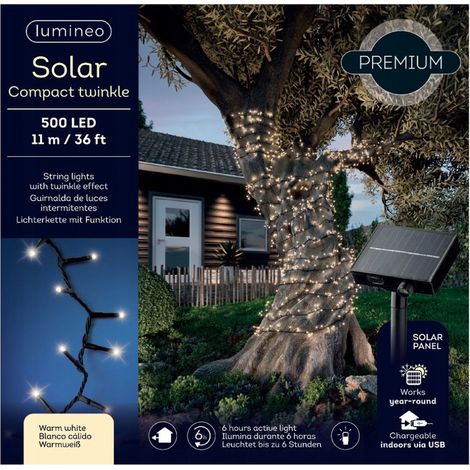 Luces solares para árbol de Navidad, 500 LED, para exteriores, luz blanca cálida, 11 m. (1/4)