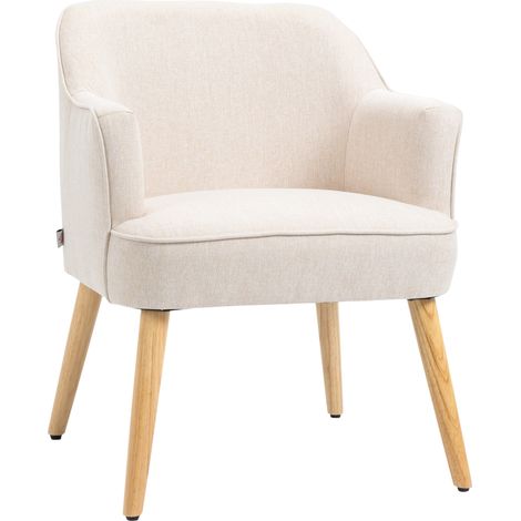 HOMCOM sillón de salón moderno butaca tapizada en lino con patas de madera para dormitorio oficina estudio carga 120 kg 64,5x65x79,5 cm crema (1/5)