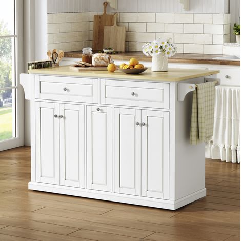 Isla de cocina móvil con tablero abatible, 121 x 69 x 89 cm, MDF, blanco y natural DESVIAE (1/5)