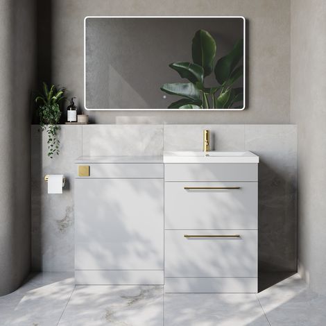 Napoli 390 Cento Gloss Grey Pearl 1200mm 2 Drawer Vanity Unit Toilet Suite with Glide Basin - 1200mm - Brushed Brass 320mm HandleWithout Kingston Toilet Pan