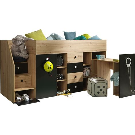 Litera Hartford 361, Roble Artisan + Negro, Individuales, 90x200, Aglomerado laminado, Somieres, 94x249x124cm
