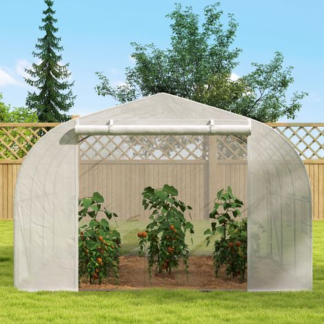 Serre de jardin tunnel 3,5x3x2 m blanche, 6 ouvertures et porte enroulable, structure acier et PE (1/5)