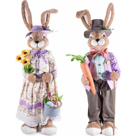 Conigli pasquali da vetrina grandi in finto pelo con abito e cappello, ideali per vetrine di Pasqua, set da 2 pezzi, cm30x25x110H (orecc.estese)