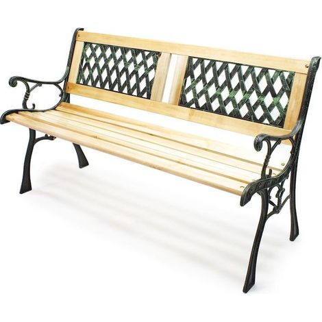 Banc de jardin en bois et fonte de fer avec dossier à motif double grille (1/5)