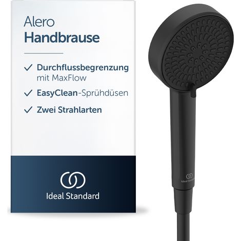Ideal Standard Alero 2-Funktionshandbrause ✔ Schwarz Matt - Gezielte Durchflusssteuerung, Duschkopf mit 2 Strahlarten, Standard G1/2 Anschlussgewinde, EasyClean, BE182XG (1/5)