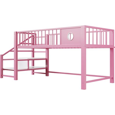 Letto a soppalco basso per bambini 90 x 200 cm rosa in metallo con scala contenitore (1/5)