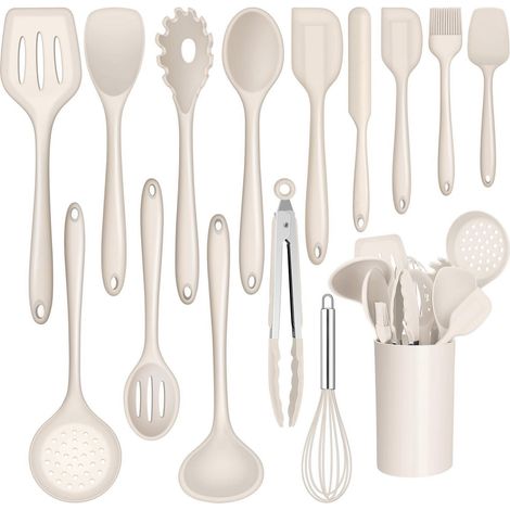 15-teiliges Silikon Küchenhelfer Set Khaki mit Utensilienhalter