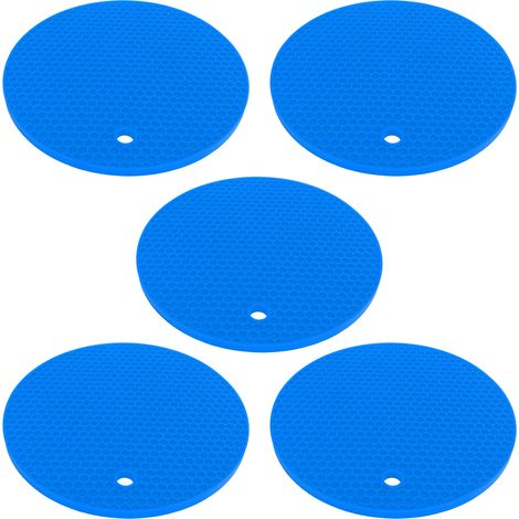 Set mit 5 runden Silikonuntersetzern, vielseitig, hitzebeständig und rutschfest, für heiße Speisen und Pfannen (blau). (1/5)