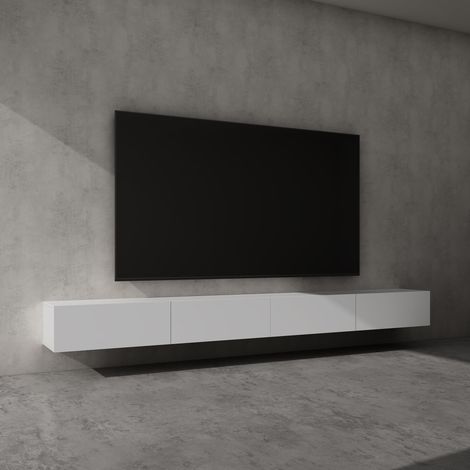 doporro Mobile Porta TV Sospeso 320 cm con 4 Ante Bianco Opaco, Credenza Bassa da Soggiorno Salotto, Madia Consolle per TV Fernsehschrank02