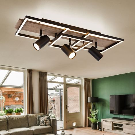 Lampada da soffitto nera per camera da letto moderna faretto da soffitto a 3 luci GU10, LED effetto legno memory, metallo, LED 48W 2300lm 3000K, LxPxH 72x27x18cm
