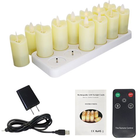 Bougies LED sans flamme rechargeables Lot de 12 télécommande réaliste vacillante jaune chaud décoration intérieure ABS (1/4)