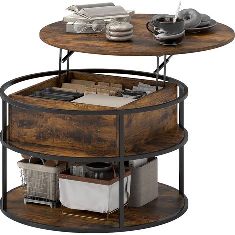 Table basse ronde avec plateau relevable, espace de rangement, étagères latérales, structure en acier, marron (1/5)