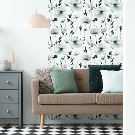 Papier peint intissé pré-encollé - SCANDINAVE FLEURS BLANCHES AQUARELLE - 1 rouleau de 300x60cm (1/5)