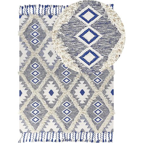 Tappeto in cotone con nappe beige e blu 140 x 200 cm Manavgat