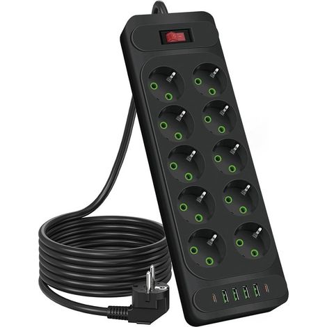 Multiprise 10 prises 2500 W avec interrupteur, rallonge de 1,8 m, pour smartphones et tablettes, noir (1/5)