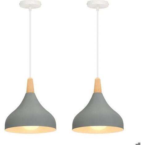 2pcs Lustre Suspension Moderne E27,20cm Suspension Luminaire Retro Style Goutte Chapeau Lampe de Plafond en Métal Bois,Gris (1/5)