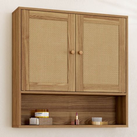 Mueble de baño suspendido HANAE con 2 puertas y estante con efecto de mimbre natural (1/5)