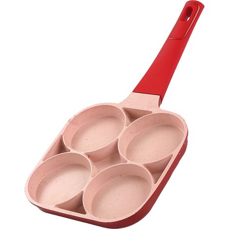 Antihaftbeschichtete Eierpfanne mit 4 Mulden, flacher Boden zum Zubereiten von Omeletts und Pfannkuchen, ideal zum Kochen, rote Farbe. (1/5)