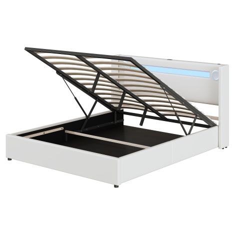 Lit rembourré 160x200 avec barre lumineuse LED,lecteur Bluetooth et chargement USB,lit coffre en cuir PU,lit mezzanine coffre,lit double avec sommier à lattes blanc