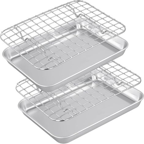 Plaque de Cuisson Four en Acier Inoxydable - Lot de 4 (2 Plaques + 2 Grilles) - 26,5 x 20,5 x 2,5 cm - Pour Pâtisserie, Rôtir, Servir - Passe au Lave-Vaisselle (1/5)