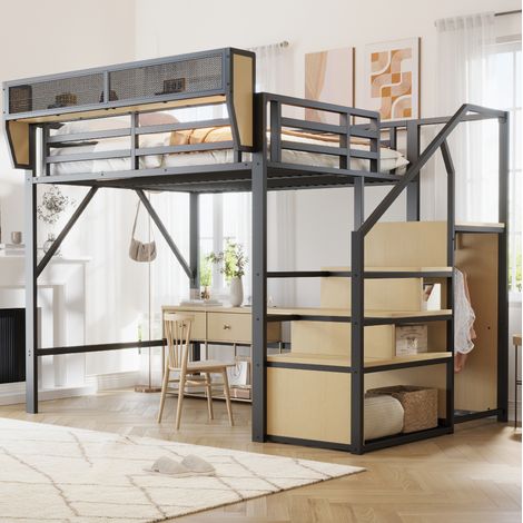 CHICFURN Cama alta 140x200 cm de metal negro con estantería modular, sin colchón (1/5)