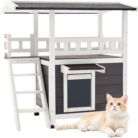 Maison Chat Surélevée, 76,2 x 56,3 x 77,4 cm, Niche Chat Extérieur 2 Étages, Abri en Bois avec Escaliers, Balcon, Pièce Spacieuse, Toit en Asphalte, pour Chats Sauvages d'Intérieur d'Extérieur (1/5)