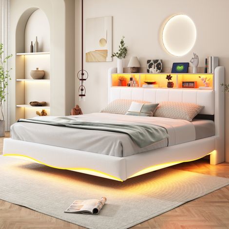 Lit rembourré suspendu moderne 160x200 cm beige, tissu aspect lin, tête de lit LED, USB et Type-C, rangement (1/5)