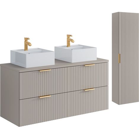 Mobile per bagno sospeso con scanalature con lavabo d'appoggio quadrato e colonna - Colore beige - 120 cm - ZEVARA