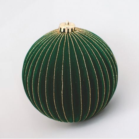 Weihnachtliche Dekosphäre aus dunkelgrünem Samt mit goldenen Streifen 20 cm