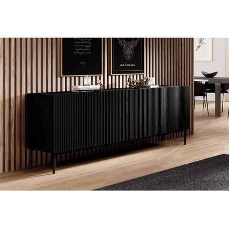 Bobochic – Buffet 4 portes 200 cm Kasha – Pieds en métal – Dimensions : 200 x 44,6 x 85,4 cm – Façades striées pour un style moderne (1/5)