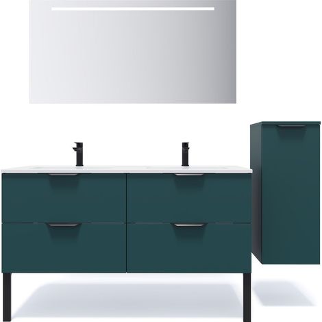 Meuble de salle de bain suspendu double vasque intégrée 140cm 4 tiroirs Bleu + miroir + colonne ouverture droite - Soho (1/5)